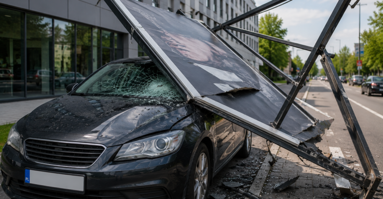 Ubezpieczenie samochodu a szkoda po uszkodzeniu auta przez źle zamocowaną reklamę – kto odpowiada?